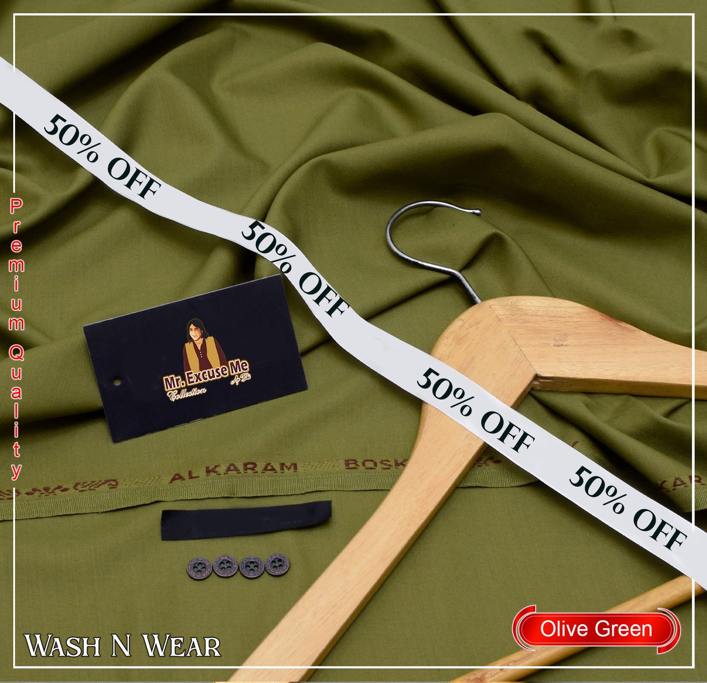 Wash & Wear - Unstitched - Olive Green