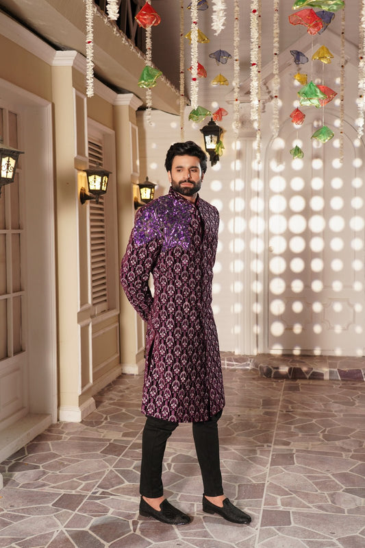 Sherwani Purple Embroidered